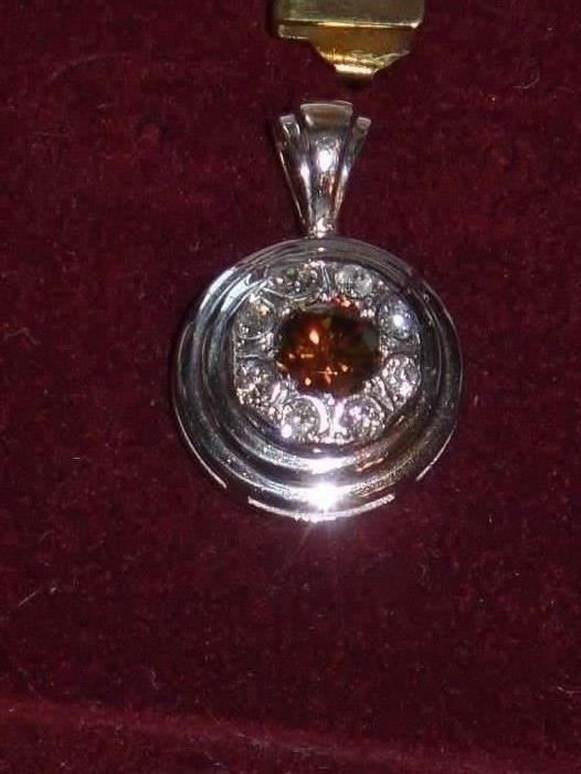14K White Gold Diamond Pendant w/ Center Cognac Diamond Weighing .56CT and 8 Diamonds Weighing .24CTW