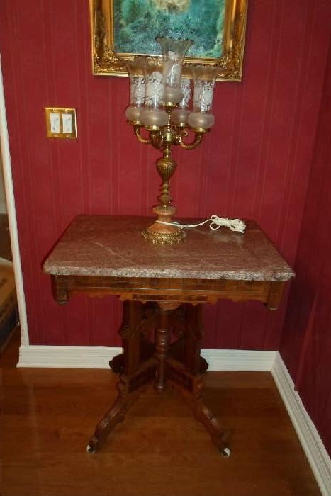 wonderful marble topped vintage walnut table w/vintage lamp