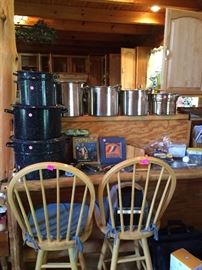 wood bar stools, stock pots, waterbath canner