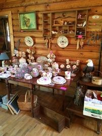 "Heartland Village" dinnerware, canisters, etc., drop leaf table and log cabin decor