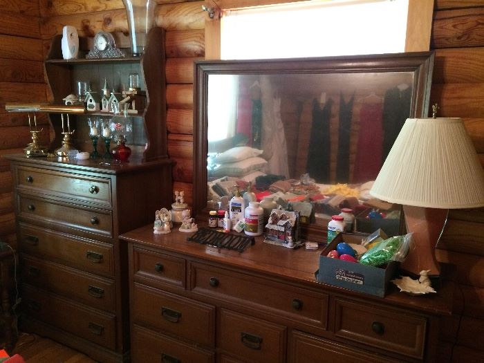 wood dresser and mirror SOLD, chest of drawers, piano lamps are still available