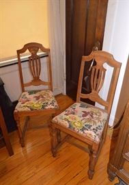 Pair of Vintage Wood Side Chairs with Barkcloth Upholstered Seats