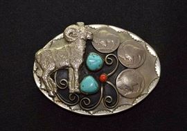 Vintage Silver Belt Buckle with Turquoise & Buffalo Nickels