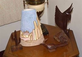 Wood Carved Figures and Southwestern Pottery Vase