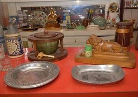 Vintage Pipe Tack with Glass Tobacco Jar, Pewter Dishes