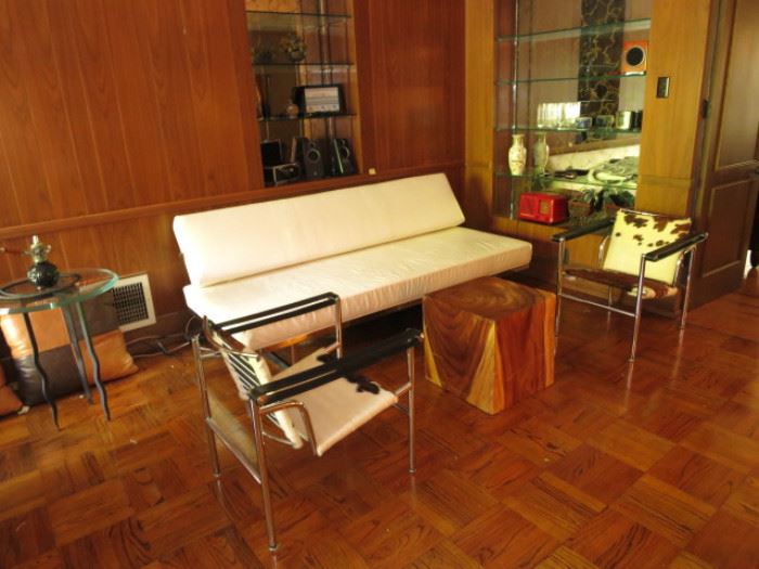 Pair of Le Corbusier Tubular Chrome Armchairs with a Milo Baughmann Daybed, and a solid Wood Cube.