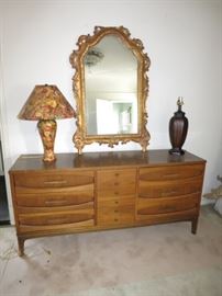 Mid-Century Walnut Dresser by Johnson / Carper  w/ an Antique Gilt Mirror (as is)
