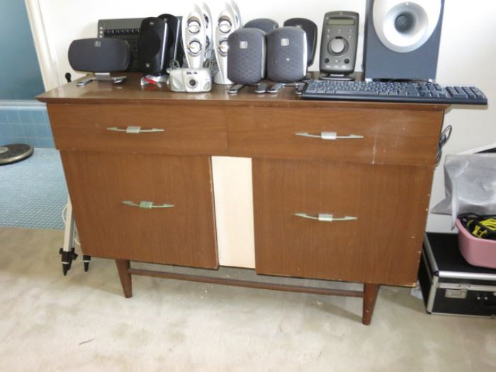 Mid-Century Retro Dresser with Speakers, Keyboard, and other electonics & camera.