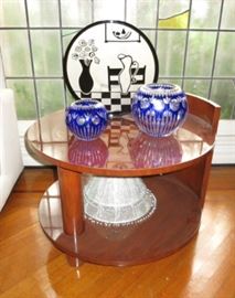 One of a Pair of Ralph Lauren Art Deco-Style Two-Tiered Side Tables, with two Cut-Crystal Cobalt Vases, and a Black Etched Charger