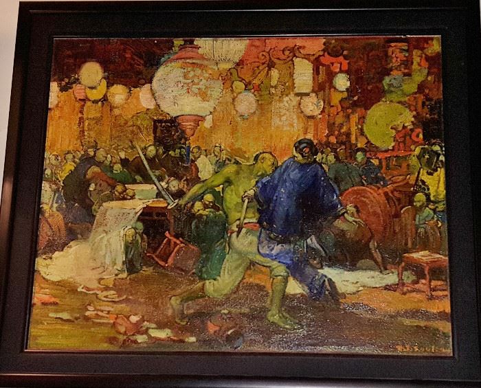 "Bar fight" Spectacular Original Oil Painting by Henry J. Soulen, listed, ca. 1920