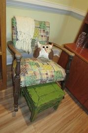 Primitive antique rocking chair with original fabric and stain. Primitive farmhouse stool. 