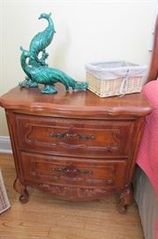 Syroco vintage ceramic peacocks and Bassett Furniture one of two night stands