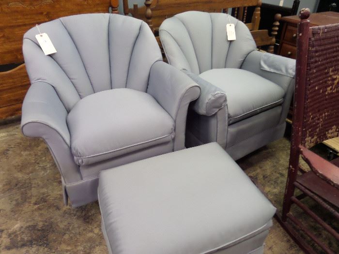 PAIR OF FAN BACK CHAIRS WITH OTTOMAN