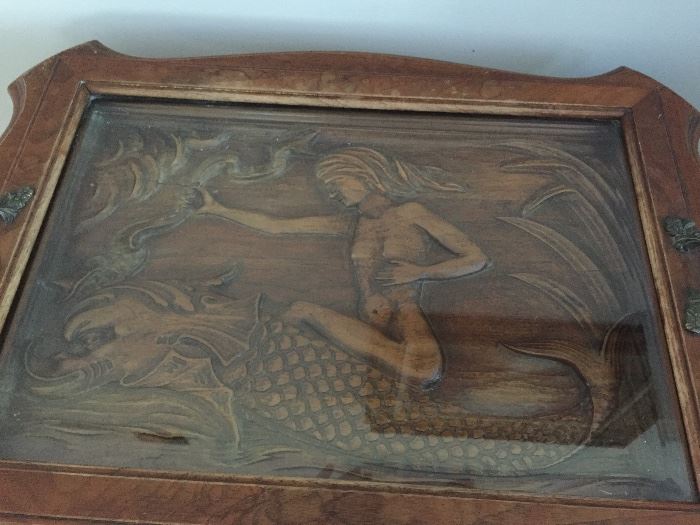 Vintage carved mermaid table w/glass serving tray.
