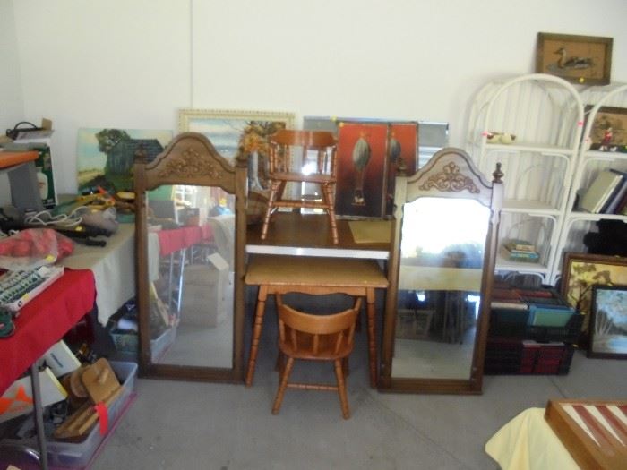 Very nice child size maple table and 2 chairs, a pair of heavy wood framed mirrors, etc.