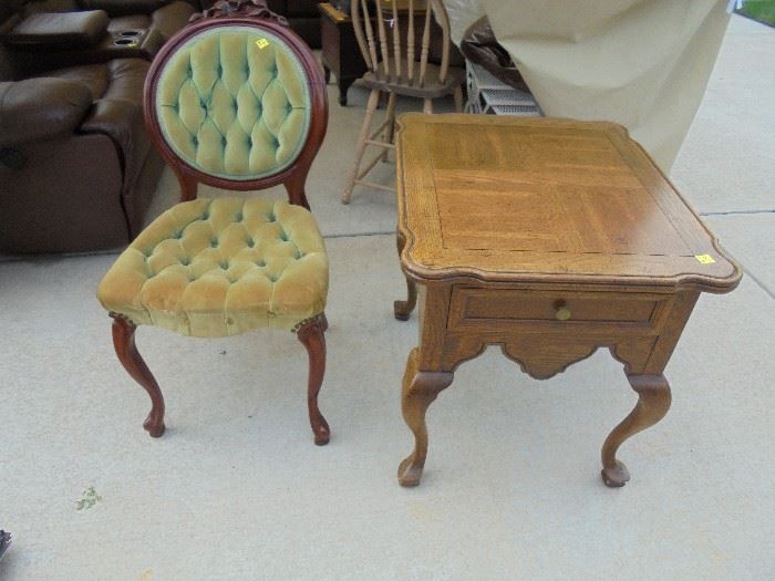 Antique chair and actually have a pair of Tudor style parquetry tables with drawer. Made by Hickory Mfg.