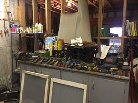 Hand tools, bench grinder, and Craftsman Table for a router or sabre saw