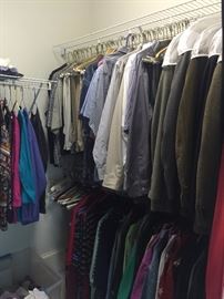 Men's clothing, sizes L-XL, 44R-46R coats, size 10 shoes, and waist size 38 in pants