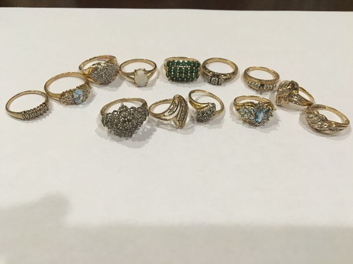10k ladies gold & gemstone rings, emeralds, diamonds, sapphires etc.  Awesome pieces!!
