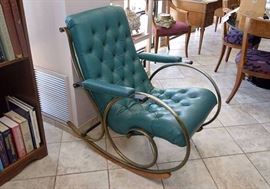 Vintage Mid Century Bent Tubular Brass Tufted Rocking Chair / Rocker