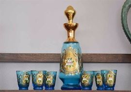 Vintage Hand Painted Painted Blue Glass Decanter & Shot Glasses with Gold Detailing 
