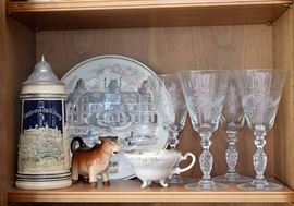 German Beer Stein and Etched Wine Glasses