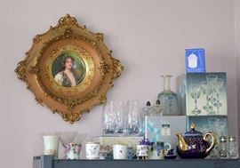 Ornate Wood Framed German Collector Plate, Clementine, Demitasse Cups, Etc.