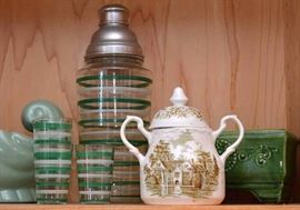 Vintage Glass Cocktail Shaker & Shot Glasses