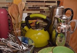 German Carafe, Tea Kettle, Wooden Spoons