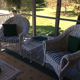 WICKER ARM CHAIRS AND VINTAGE IRON NESTING TABLES