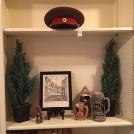 Russian Military hat; German steins