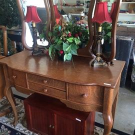 Small antique dresser with tri-fold mirror