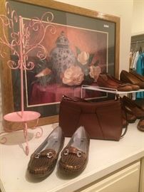 Great assortment of shoes and purses; blue & white jar/magnolias framed art
