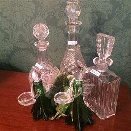 Decanters; green angel candle holders