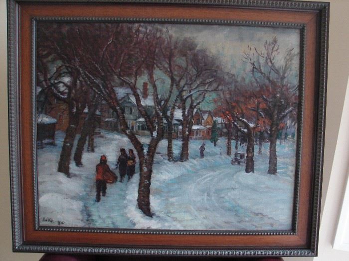 1930's North Minneapolis street scene, original oil by Ada Wolfe, Titled "Winter" A well known impressionist 