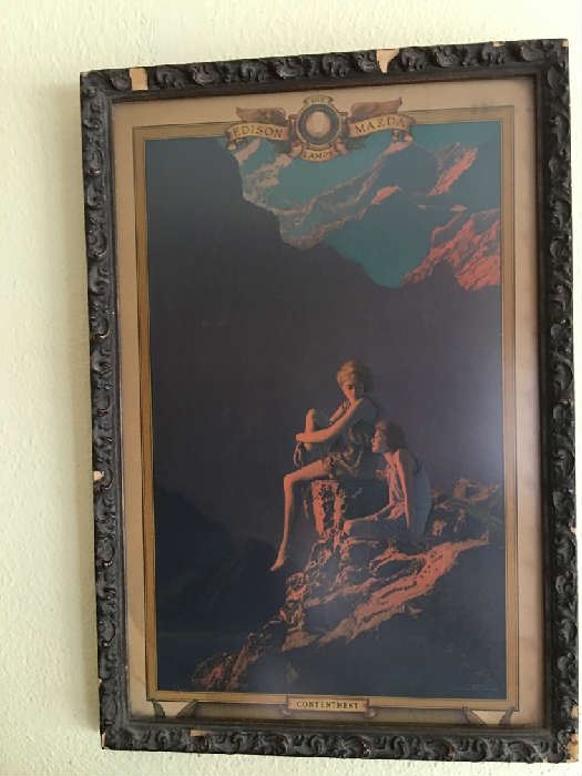 Vintage Maxfield Parrish -- framed cut from advertising calendar for Edison Mazda -- named "Contentment"