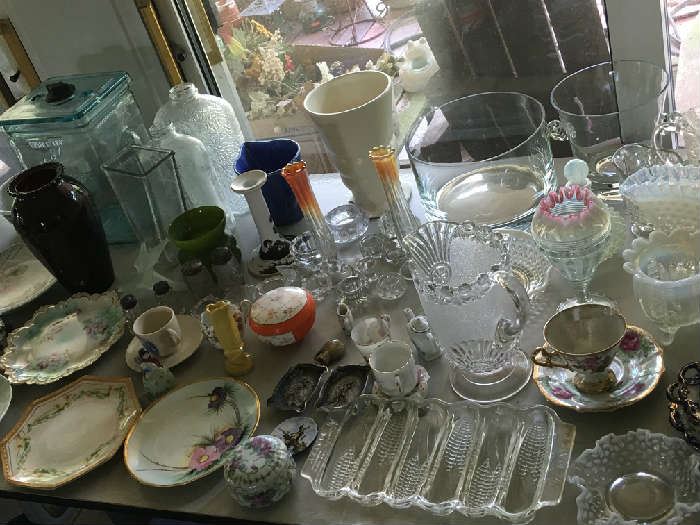 Depression, vintage cut and pressed glassware, pitchers and serving pieces.