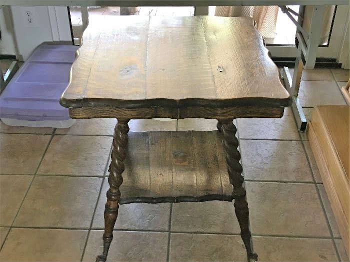 Antique small square oak table with spiral legs over claw feet over glass balls -- very nice condition.