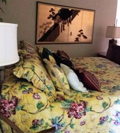 king size comforter set with shams, pillows, oriental silk screen in background