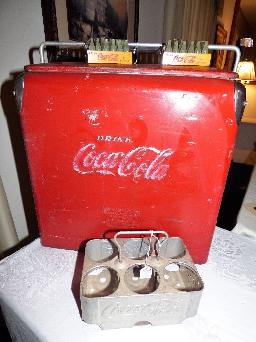 1950's Coca Cola Cooler, bottle carrier, mini coca cola crates with bottles