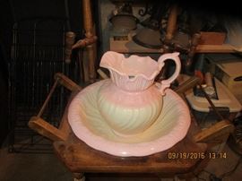 Antique Vintage Wash Stand Wood W Large Basin Pitcher & Bowl Mirror Candlestick