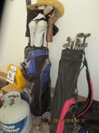 Golf bags and golf clubs, propane tank