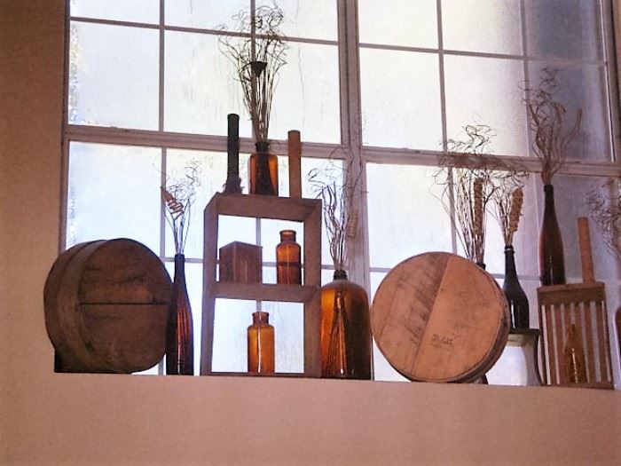 OLD BOTTLES and WOODEN CHEESE BOXES