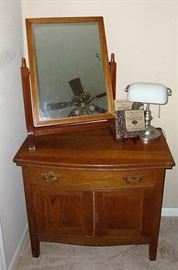 VINTAGE CHEVAL DRESSER TOP MIRROR and SMALL OAK CABINET