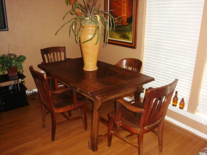 PIC #1 TRESTLE FARM TABLE WITH SLIDING POCKET LEAF EXTENSIONS ON EACH END.