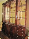 Hepplewhite breakfront, in three sections, mahogony, c. 1800 England, 102" high x 100" wide x 13 3/4 deep.