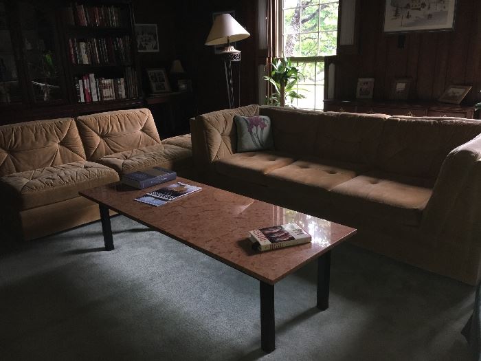Mid Century Modern living room group--long sofa, armless loveseat, large square ottoman, long simulated marble coffee table. Well-worn velvet, but good bones.