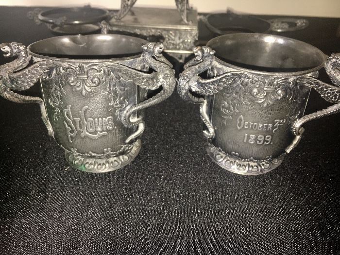 Antique silver plated/pewter items, St. Louis 1899, from the Veiled Prophet Ball Mardi Gras celebration. 
