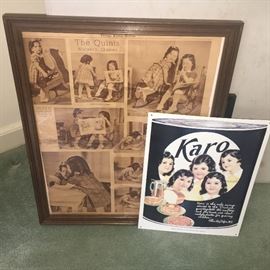 Dionne Quintuplet items--framed newspaper page, reproduction Karo sign.