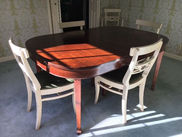 Vintage (1949) Drexel mahogany table with leaves; 6 vintage painted chairs--perfect items for up-cycling!